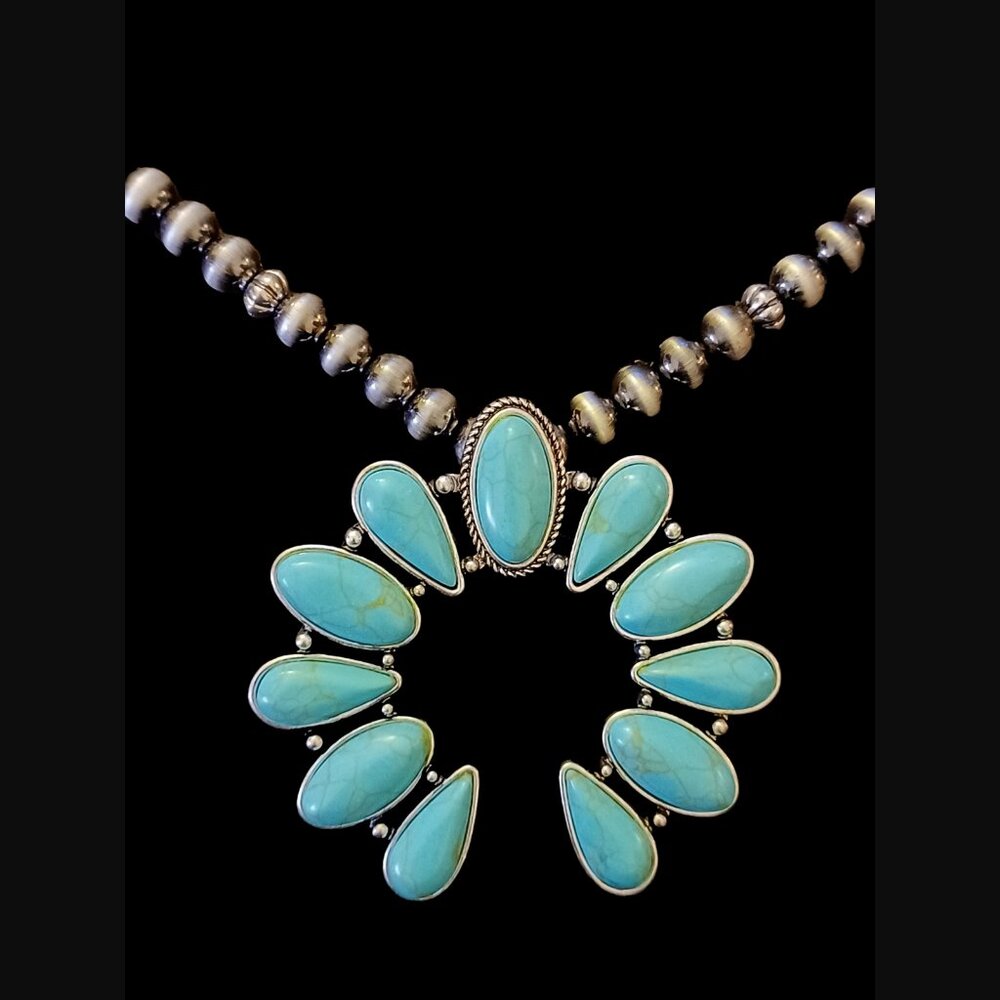 South West Style Squash Blossom Silver Tone Acrylic Beaded Necklace - Picture 2 of 6